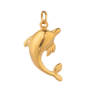Detailed close-up of a high-polish golden dolphin pendant made from waterproof titanium steel