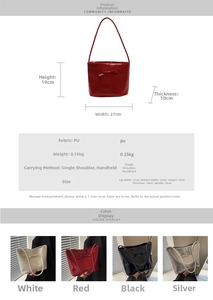 Detailed size chart for the PU bucket bag showing dimensions 27x19x10 cm with bow detail