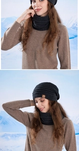 Detail of dark grey knitted winter set featuring warm thermal lining and leather logo patch