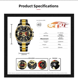 Detailed technical specification chart for men's quartz watch with 40mm case size