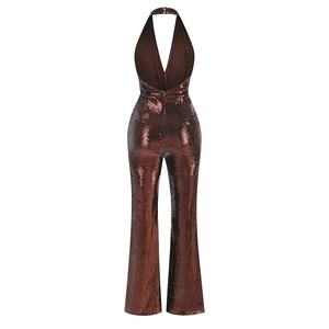 Detailed back view of bronze sequin halter jumpsuit with open back and flared leg design