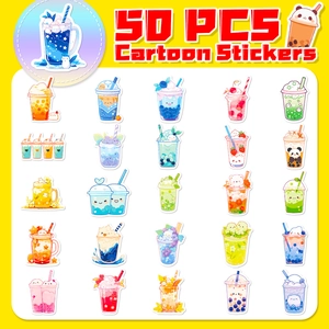 50 PCS set of assorted cute cartoon bubble tea and fruit drink stickers for DIY decoration