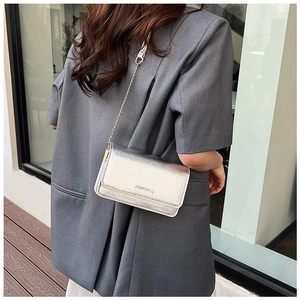 Silver metallic mini crossbody bag with gold chain strap shown on a model in a grey blazer