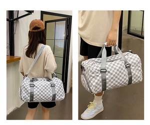 Dual view of grey and white checkered travel bag showing handheld and shoulder styles