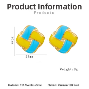 Detail view of 26mm square earrings in blue and yellow enamel with 18K gold plating