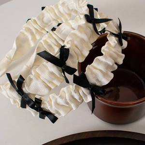 White pleated Lolita headband with black bows, elegant French style hair accessory