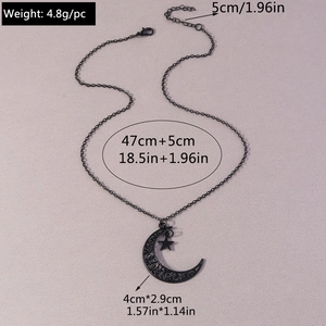 Detail of vintage crescent moon and star necklace with precise size and weight measurements