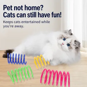 Colorful 4-pack plastic spring cat toys in blue, green, yellow, and red for active play