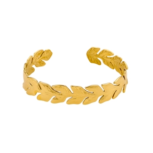 Polished gold laurel leaf open bangle bracelet in a minimalist vintage-inspired design