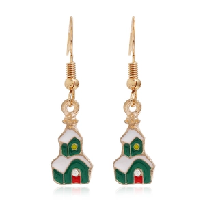Detail of Christmas house earrings with colorful enamel coating and rhinestone hooks