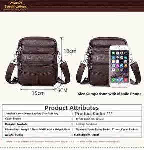 Men's dark brown cowhide shoulder bag showing dimensions 15x6x18cm and multi-zipper pockets