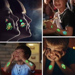 Luminous space theme temporary tattoos for kids featuring glowing rockets and astronauts