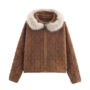 Giacca Con Cappuccio E Cerniera Da Donna Collo In Pelliccia Sintetica Teddy Fleece Texture A Rombi Calda Invernale Marrone