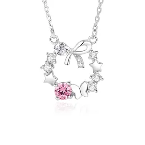 S925 Sterling Silver Butterfly Star Bow Pendant Necklace With Pink Zirconia Light Luxury Clavicle Chain For Women Jewelry