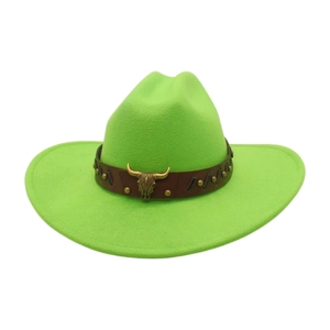 Neon green felt cowboy hat featuring a bull head metal buckle and brown leather band