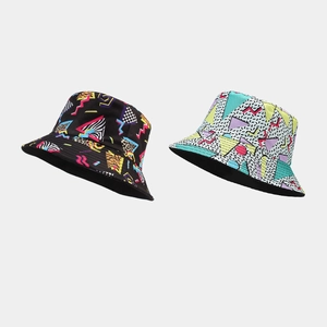 Vintage Memphis Style Geometric Bucket Hat Polyester Sun Protection Streetwear Animal Print Headwear For Women