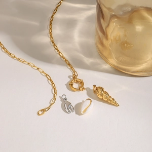 18K gold and silver two-tone stainless steel paperclip necklace with shell pendants