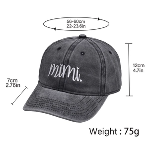 Detail of charcoal grey washed cotton baseball cap with mimi embroidery and dimensions