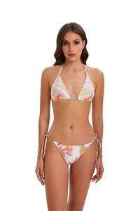 Detailed front view of three-piece bikini set with abstract marble floral print pattern