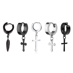 Stainless Steel Hoop Earrings With Cross Feather Pendants Hip Hop Punk Gothic Style Jewelry For Men And Women