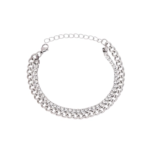 Silver double-layer bracelet featuring Cuban link and rhinestone tennis chain design