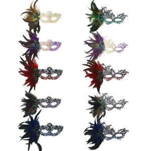 Assorted Halloween lace feather masquerade masks in multiple vibrant gradient colors