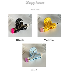 Detailed views of creative pencil-shaped hair claws in black, yellow, and blue colors