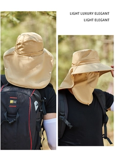 Detail of khaki outdoor sun hat with wide brim, breathable mesh mask and neck flap protection