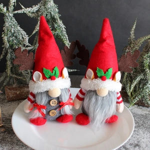 Red and grey Christmas reindeer gnome plush set with antlers and wooden button details