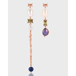 Asymmetric Artificial Baroque Pearl Drop Earrings With Colorful Zircon Long Tassel 925 Sterling Silver Earring Post Elegant Jewelry