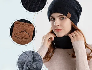 Detail of winter beanie and scarf set featuring warm fleece lining and sport leather patch