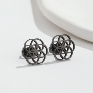 Minimalist black stainless steel hollow floral stud earrings with geometric pattern
