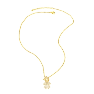 Detail of gold family necklace featuring a girl pendant with sparkling zircon micro-pave