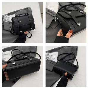 Detailed four-way views of black PU leather crossbody bag with silver metal buckles