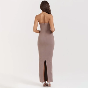 Slim fit mocha brown strapless knit dress featuring an elegant back slit and open back design