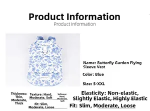 Detailed size chart and material guide for blue floral pet vest with metal D-ring