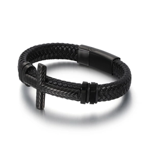 Mens fashion creative black woven leather bracelet with cross charm and magnetic clasp
