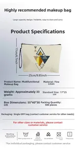 Detailed view of geometric linen makeup bag with 17x25cm size specs and black zipper