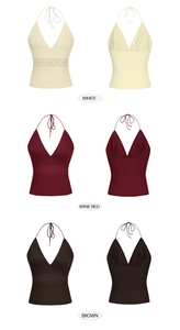 Comparación detallada de tops halter en blanco, granate y marrón con encaje sexy