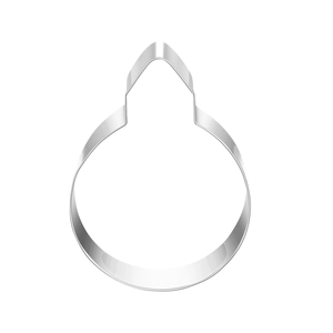 Close-up of a pear-shaped stainless steel cookie cutter with polished metallic finish