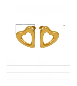 Detailed size parameters for golden hollow heart earrings in polished stainless steel