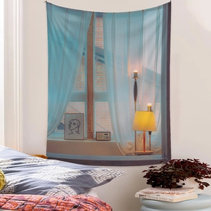 Detail of wall tapestry featuring realistic window view with vintage radio and lamp decor