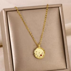 18K Gold Plated Stainless Steel Constellation Pendant Necklace Hammered Zodiac Star Chart Rhinestone Necklaces For Women
