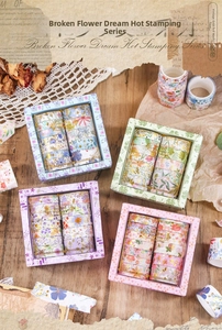 Detail of floral gold foil washi tape rolls for scrapbooking and creative journals