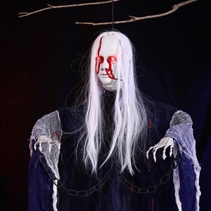 Hanging Halloween ghost with glowing red eyes, white hair, chains and bloody face mask