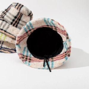 Cappelli a secchiello a scacchi in pelliccia sintetica con coulisse regolabile invernale