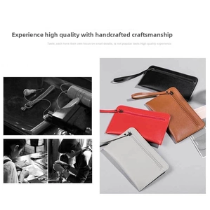 Detailed collection of leather clutch bags in four colors with artisan craft process
