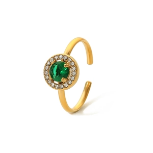 Adjustable gold plated titanium ring with emerald zircon and white crystal halo
