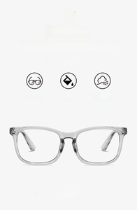 Detail of transparent grey square frames showing 21g lightweight flexible material