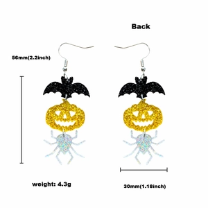 Glitter acrylic Halloween earrings with bat, pumpkin, and spider charms on white background